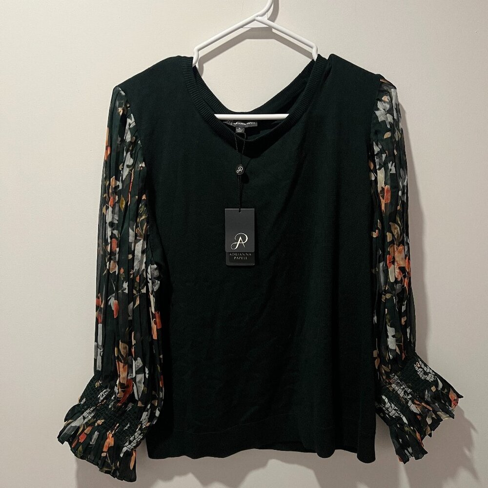 NWT Adrianna Papell Dark Green Floral Sheer Sleeve Knit Top - size XL - Picture 2 of 6